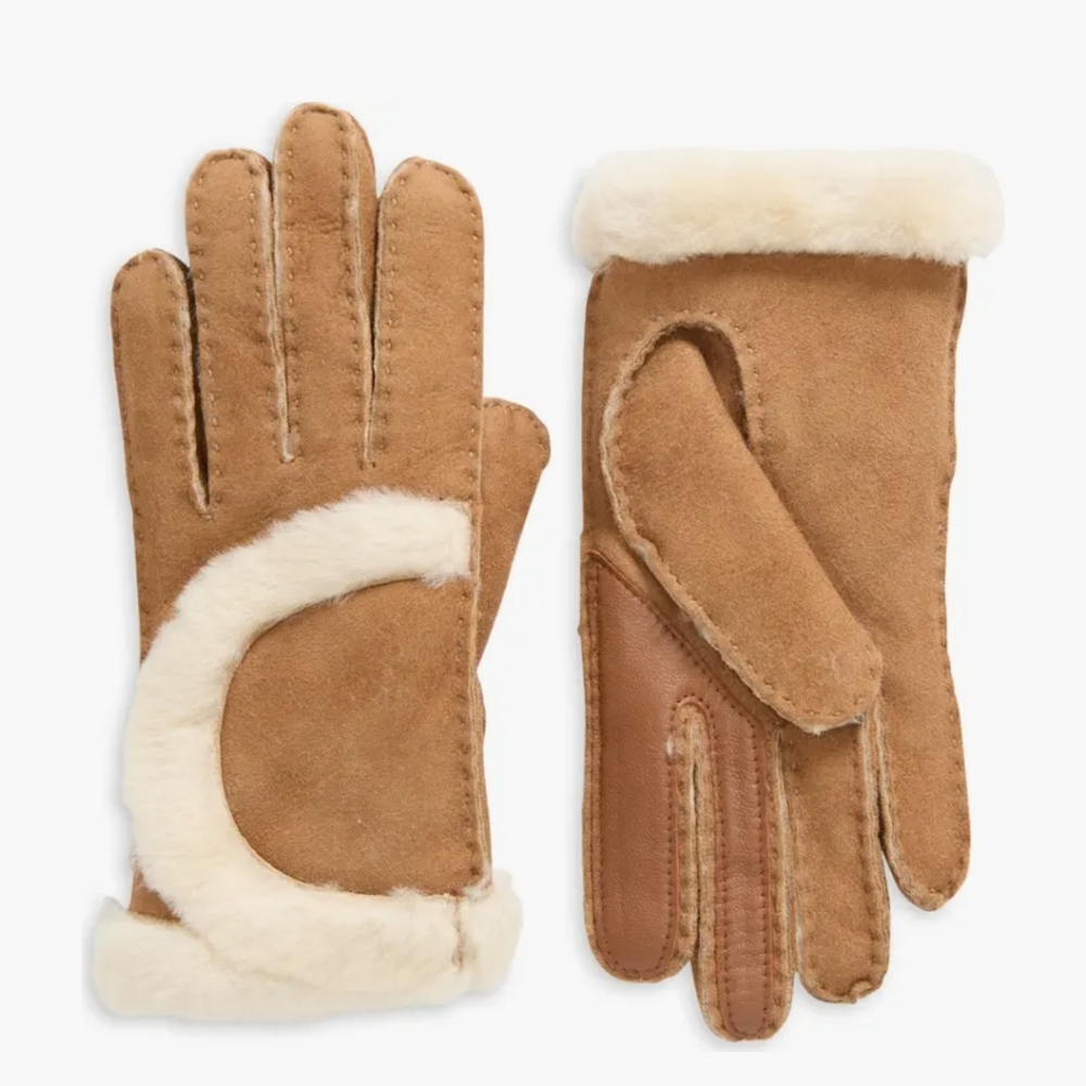 UGG Chestnut Shearling Trim Suede Gloves